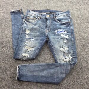 YoungLA Distressed Skinny Jeans Paisley Patch Ankle Zip Denim 32x30 Blue Mens